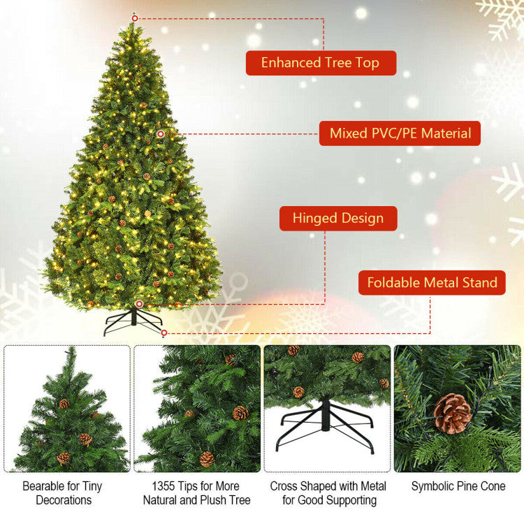 7/7.5/8 Feet Artificial Christmas Tree with LED Lights and Pine Cones