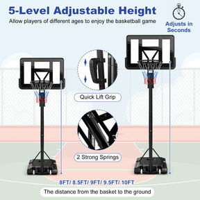 8 to 10 Feet 5-Level Height Adjustable Portable Basketball Hoop with  PE Base