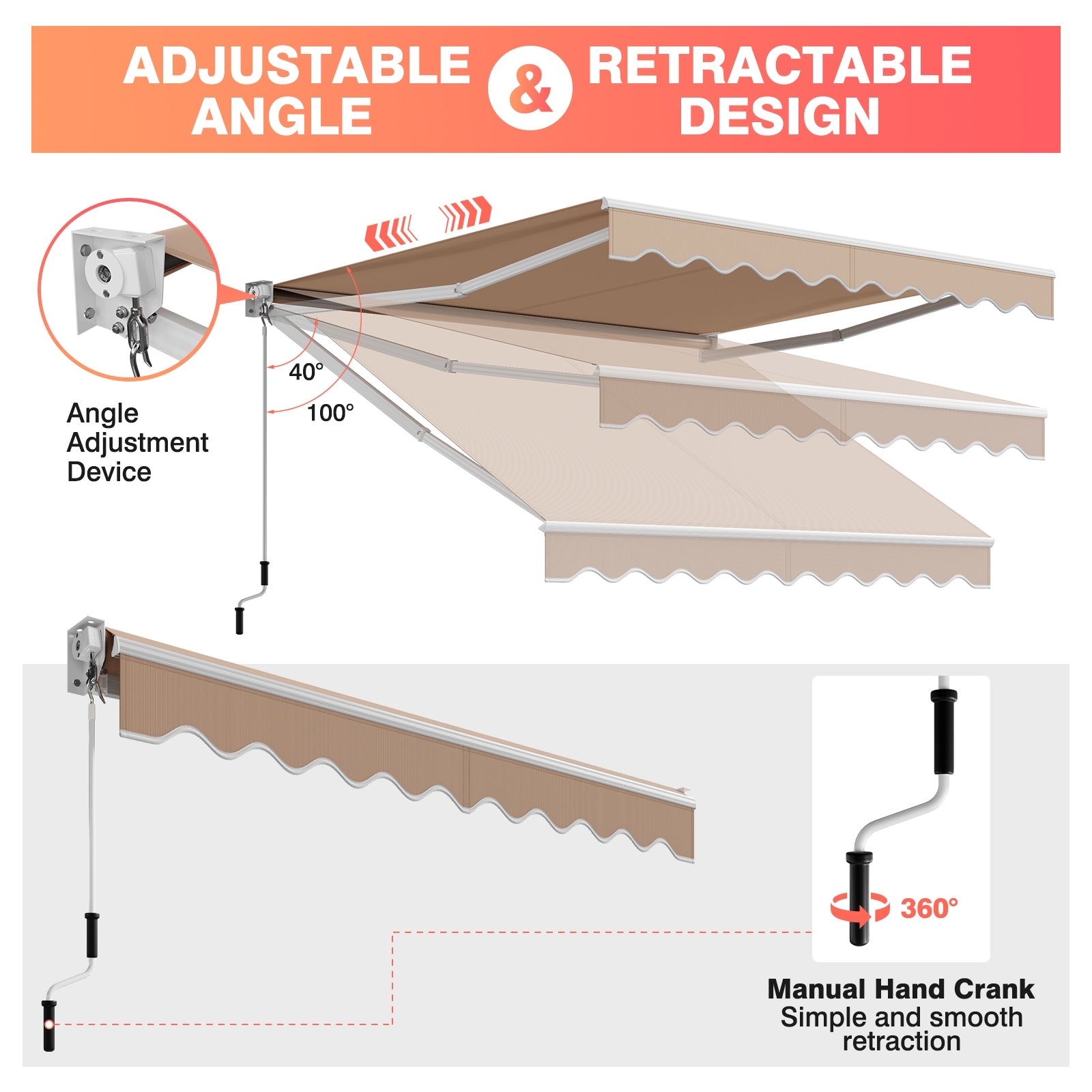 8 x 6.6 Feet Patio Retractable Awning for Balcony with Manual Crank Handle