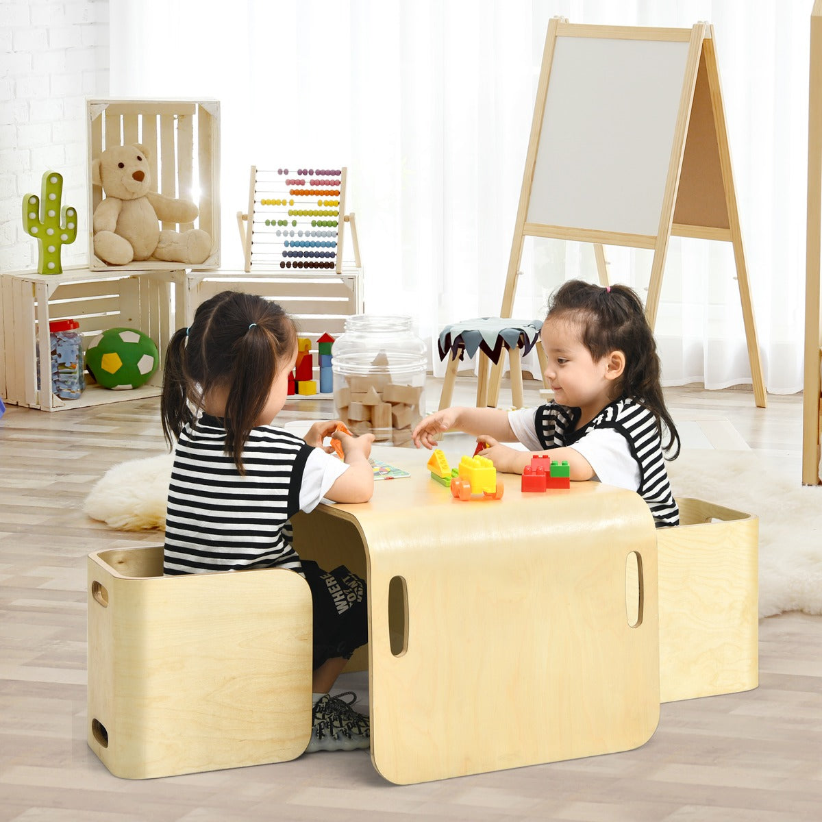 Kids Table and Chair Set with Storage Shelves-Grey