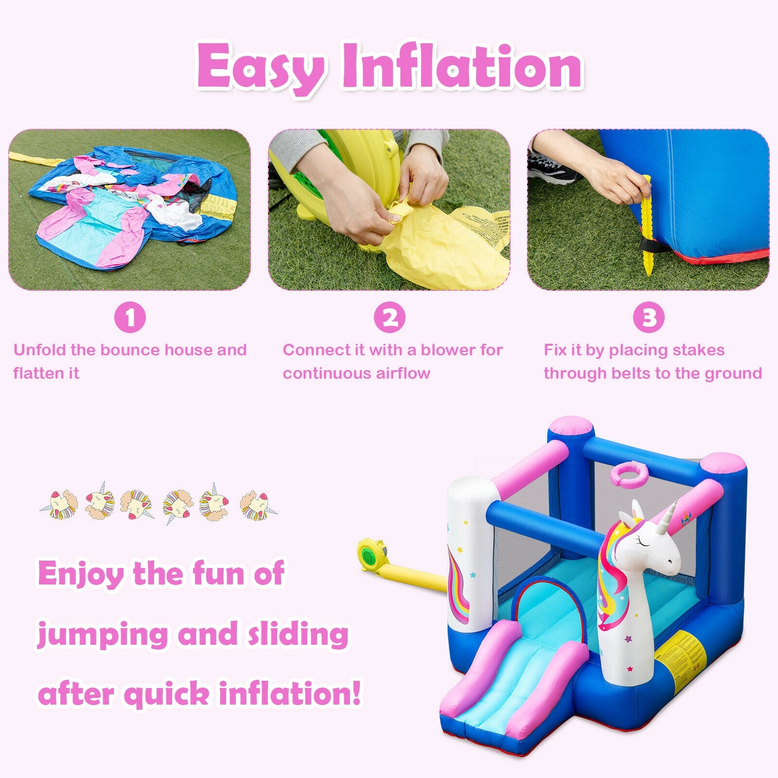 Hikidspace Kids Unicorn Inflatable Bounce House with 480W Blower