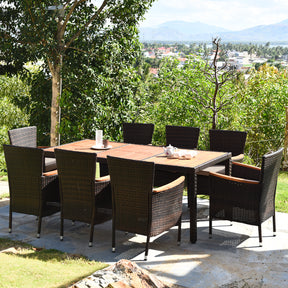 9 Pieces Acacia Wood Rattan Dining Table with Stackable Chairs and Cushions
