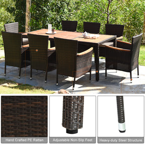9 Pieces Acacia Wood Rattan Dining Table with Stackable Chairs and Cushions