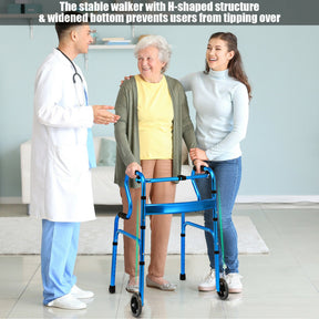 Adjustable Heavy-Duty Folding Walker with Unidirectional Wheels and Bi-Level Armrests