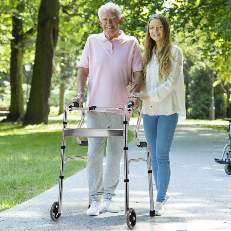 Adjustable Heavy-Duty Folding Walker with Unidirectional Wheels and Bi-Level Armrests