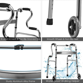 Adjustable Heavy-Duty Folding Walker with Unidirectional Wheels and Bi-Level Armrests