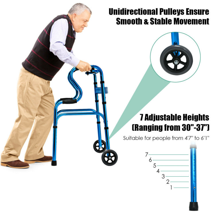 Adjustable Heavy-Duty Folding Walker with Unidirectional Wheels and Bi-Level Armrests