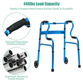 Adjustable Heavy-Duty Folding Walker with Unidirectional Wheels and Bi-Level Armrests