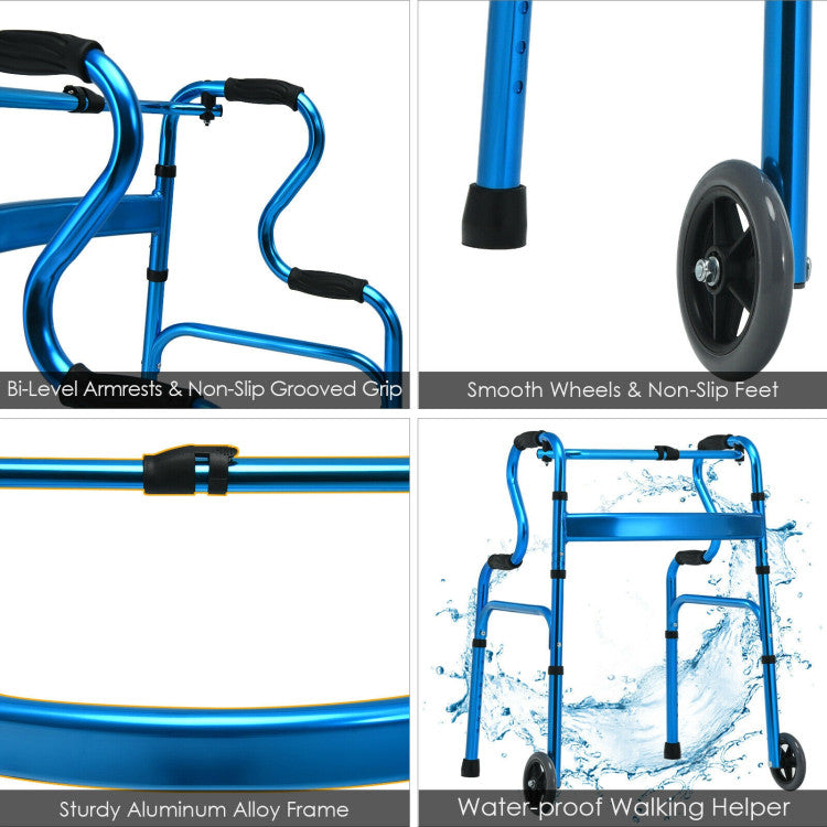 Adjustable Heavy-Duty Folding Walker with Unidirectional Wheels and Bi-Level Armrests