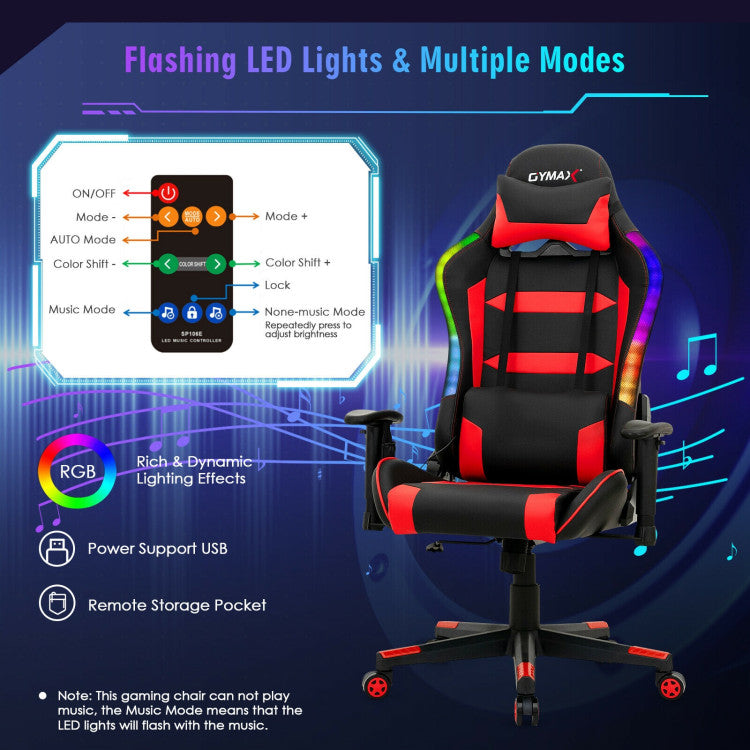 Adjustable Height  RGB Gaming Chair with LED Lights and Remote