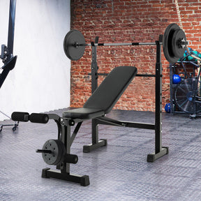 Adjustable Height and Position Weight Bench and Barbell Rack Set with 4 Foam Rollers