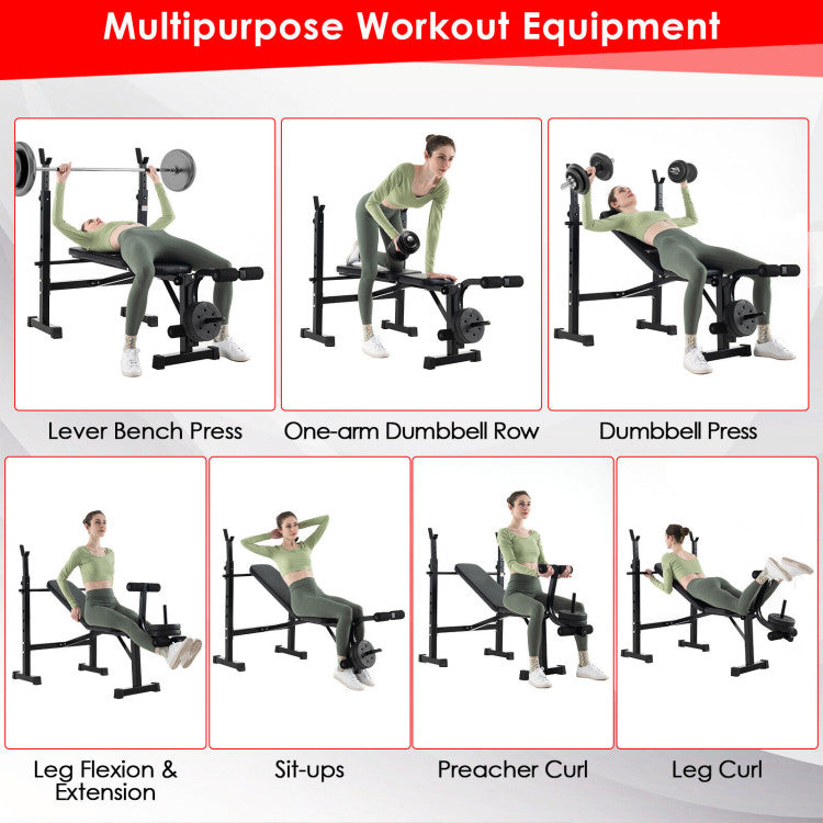 Adjustable Height and Position Weight Bench and Barbell Rack Set with 4 Foam Rollers