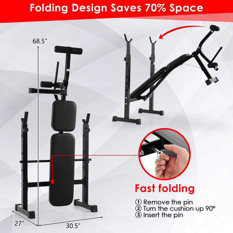 Adjustable Height and Position Weight Bench and Barbell Rack Set with 4 Foam Rollers