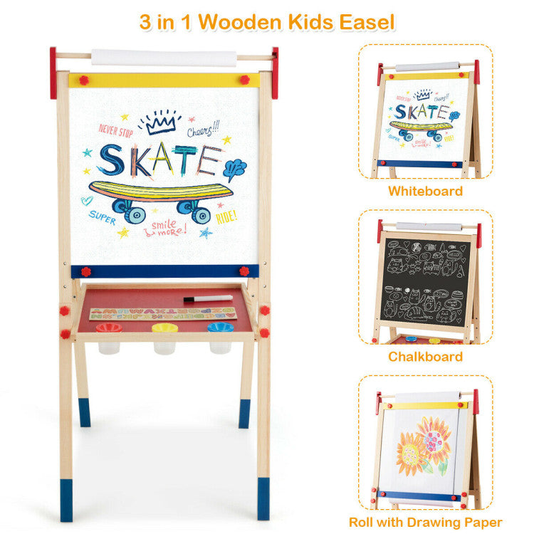 All-in-One Wooden Height Adjustable Kid's Art Easel with Accessories