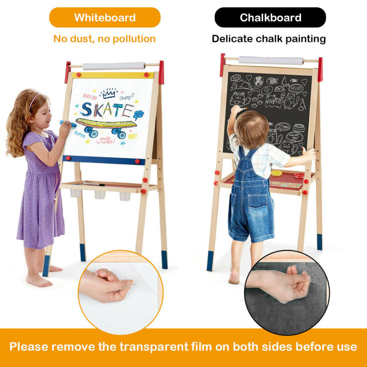 All-in-One Wooden Height Adjustable Kid's Art Easel with Accessories