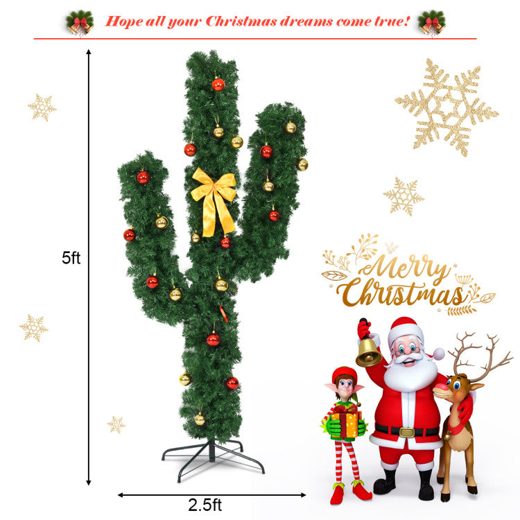 5/6/7 Feet Artificial Cactus PVC Christmas Tree with 160 LED Lights and Ball