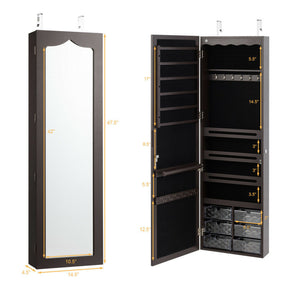 Door Hanging Mirror Jewelry Armoire with Full Length Mirror, 6 Drawers and LED Lights