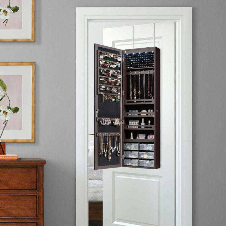 Door Hanging Mirror Jewelry Armoire with Full Length Mirror, 6 Drawers and LED Lights