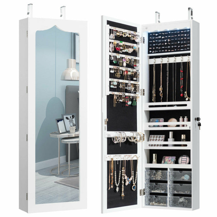 Door Hanging Mirror Jewelry Armoire with Full Length Mirror, 6 Drawers and LED Lights