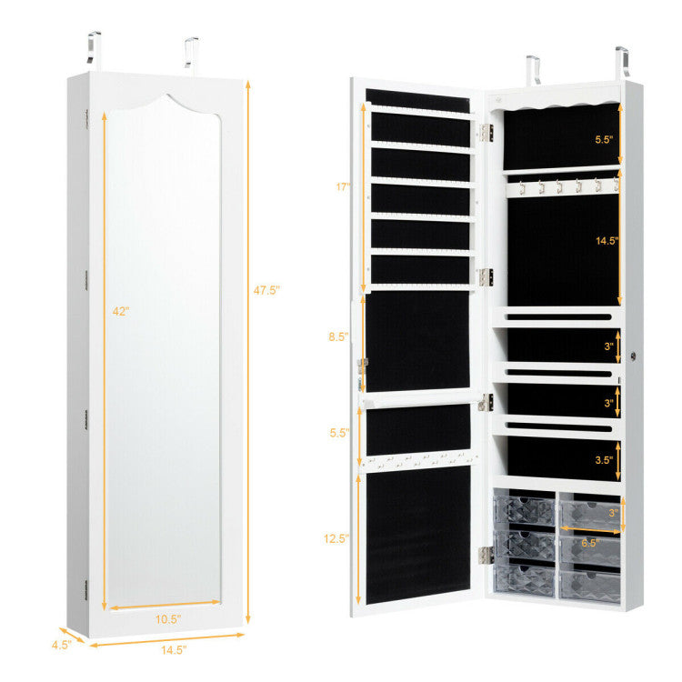 Door Hanging Mirror Jewelry Armoire with Full Length Mirror, 6 Drawers and LED Lights