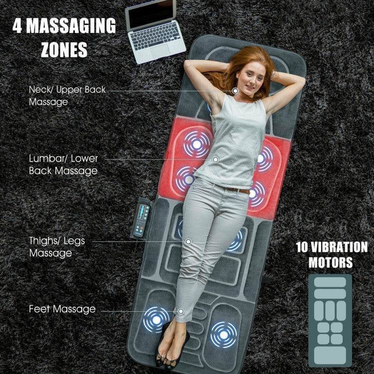 Foldable Body Massage Mat with Heating, 10 Vibration Motors & 5 Adjustable Modes