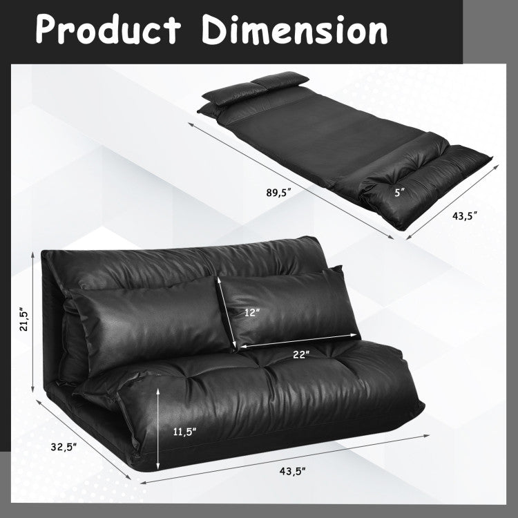 Foldable PU Leather Leisure Floor Sofa Bed with 2 Pillows and Adjustable Backrest