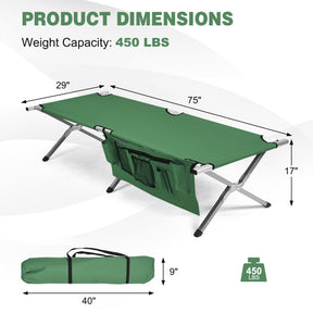 Folding Portable Camping Cot Sleeping Bed with Carrying Bag and Side Pockets