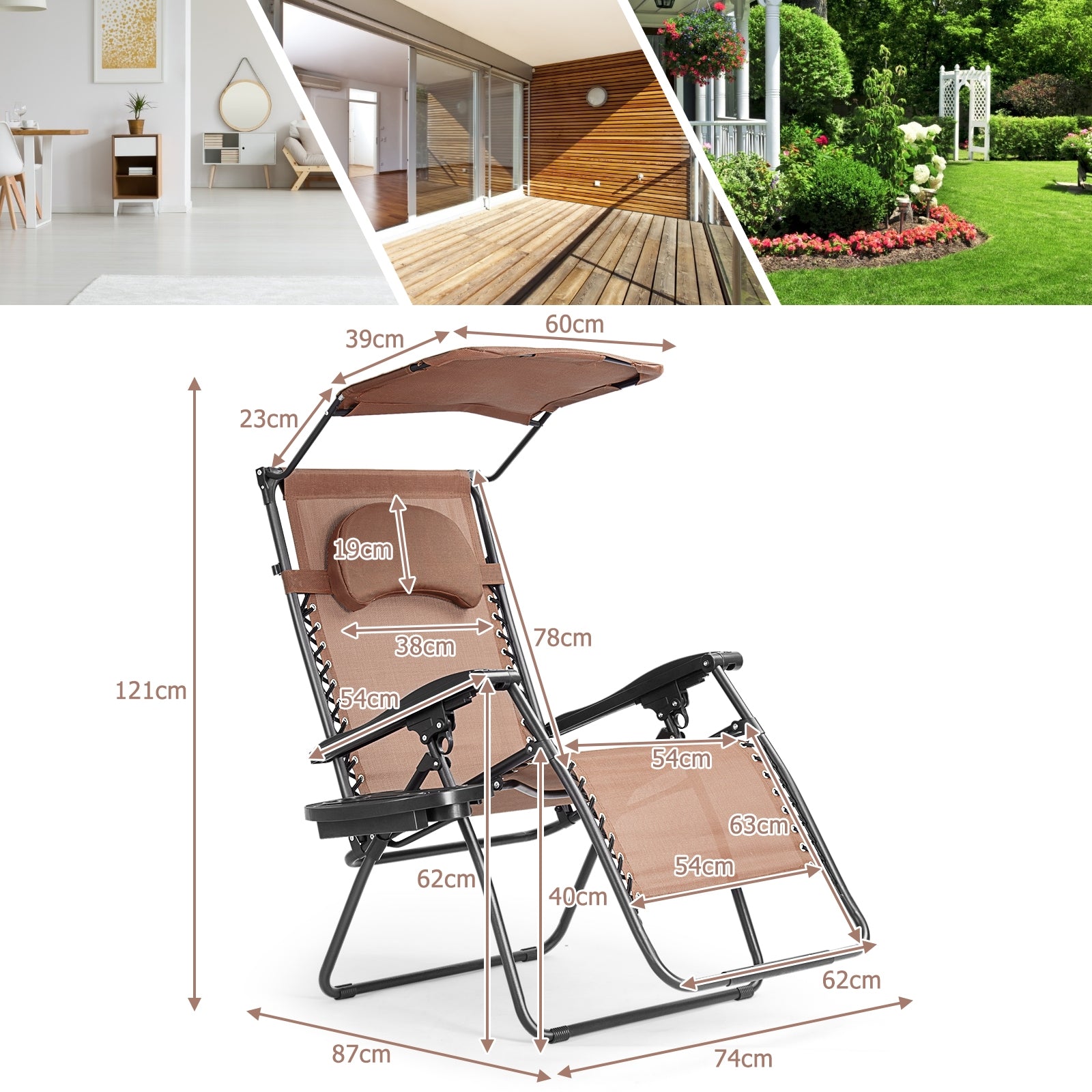 Hikidspace Folding Recliner Lounge Chair with Canopy and Cup Holder for Beach