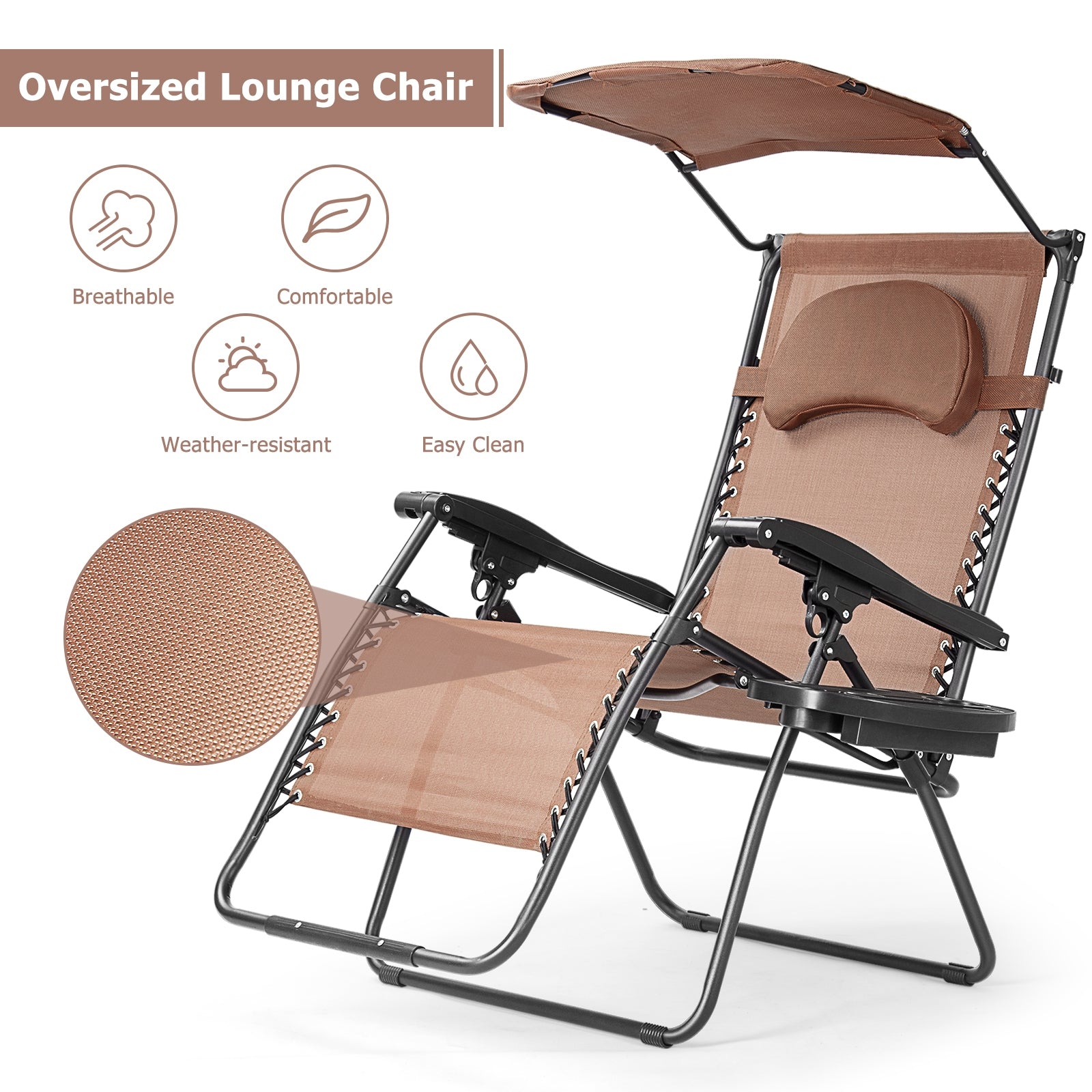 Hikidspace Folding Recliner Lounge Chair with Canopy and Cup Holder for Beach