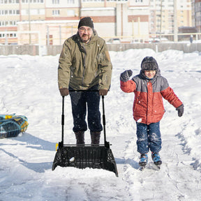 Folding Snow Pusher Scoop Shovel with Wheels and Handle