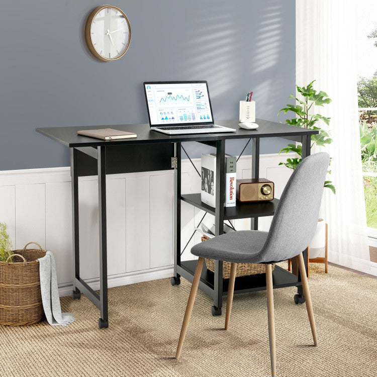 Folding Writing Office Desk with Storage Shelves and Wheels