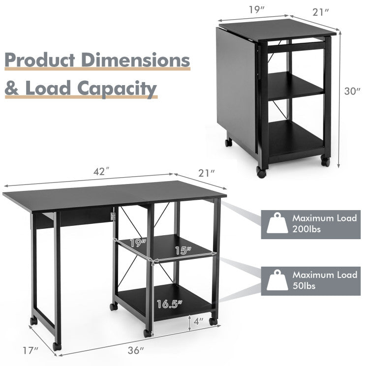 Folding Writing Office Desk with Storage Shelves and Wheels