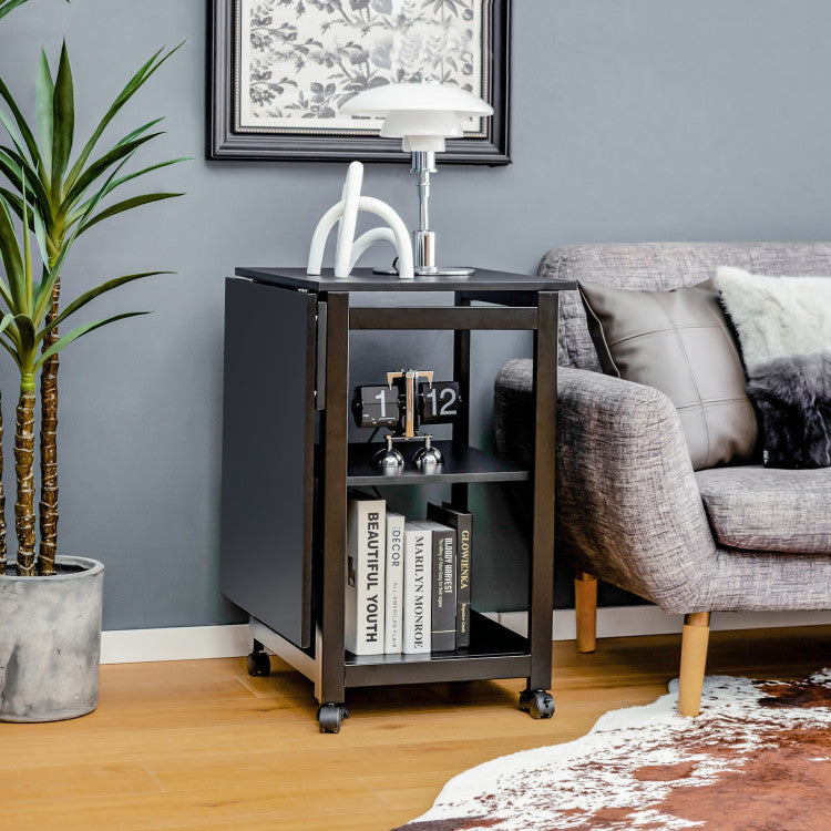 Folding Writing Office Desk with Storage Shelves and Wheels