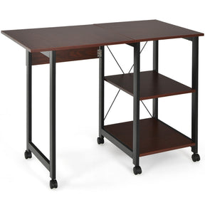 Folding Writing Office Desk with Storage Shelves and Wheels