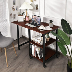 Folding Writing Office Desk with Storage Shelves and Wheels