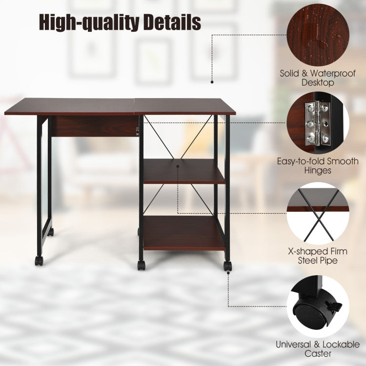 Folding Writing Office Desk with Storage Shelves and Wheels