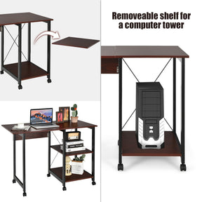 Folding Writing Office Desk with Storage Shelves and Wheels