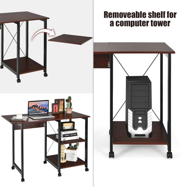 Folding Writing Office Desk with Storage Shelves and Wheels