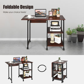 Folding Writing Office Desk with Storage Shelves and Wheels