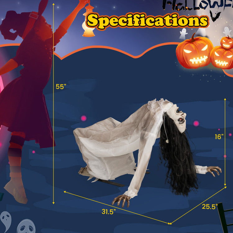 Hikidspace Halloween Animatronic Crawling Woman Ghost with LED Eyes and Vocally Triggered