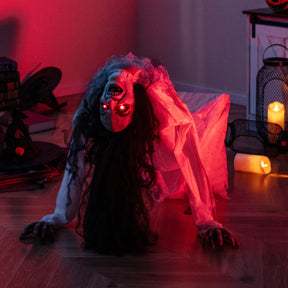 Hikidspace Halloween Animatronic Crawling Woman Ghost with LED Eyes and Vocally Triggered