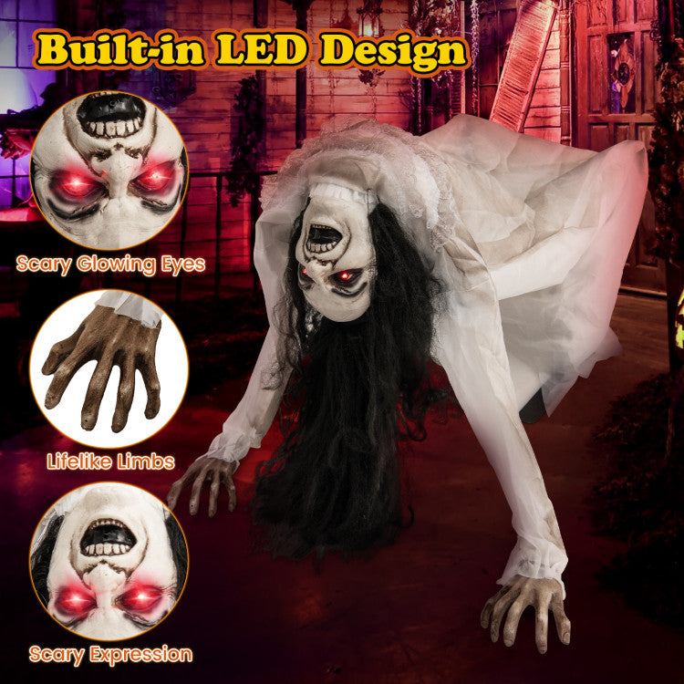 Hikidspace Halloween Animatronic Crawling Woman Ghost with LED Eyes and Vocally Triggered