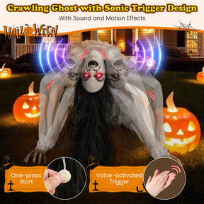 Hikidspace Halloween Animatronic Crawling Woman Ghost with LED Eyes and Vocally Triggered