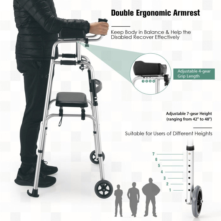 One-click Folding Rolling Walker & Rollators with Seat and Adjustable Height