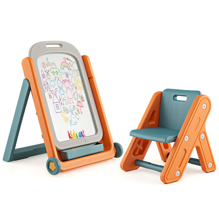 Height Adjustable and Foldable Kids  Art Easel Set with Chair and Wheels