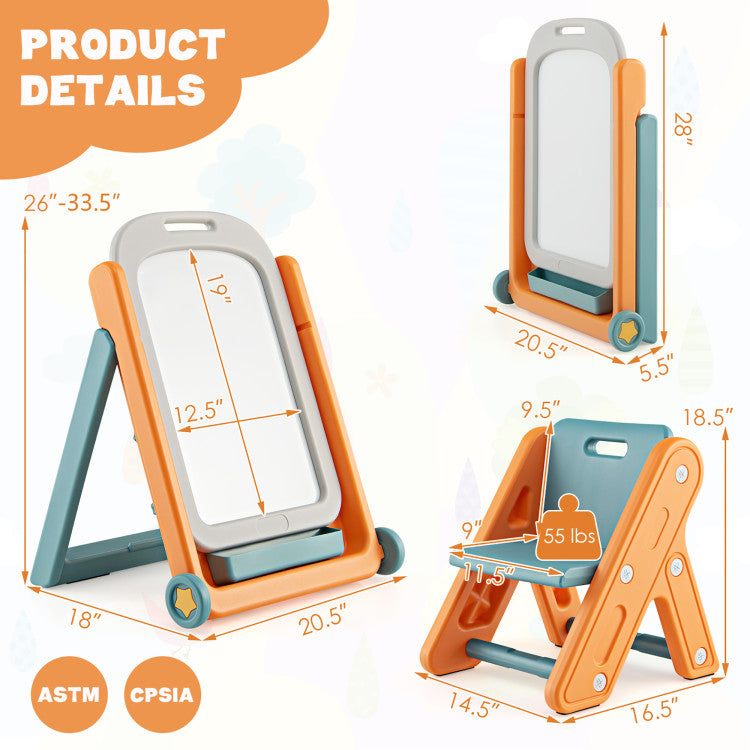 Height Adjustable and Foldable Kids  Art Easel Set with Chair and Wheels