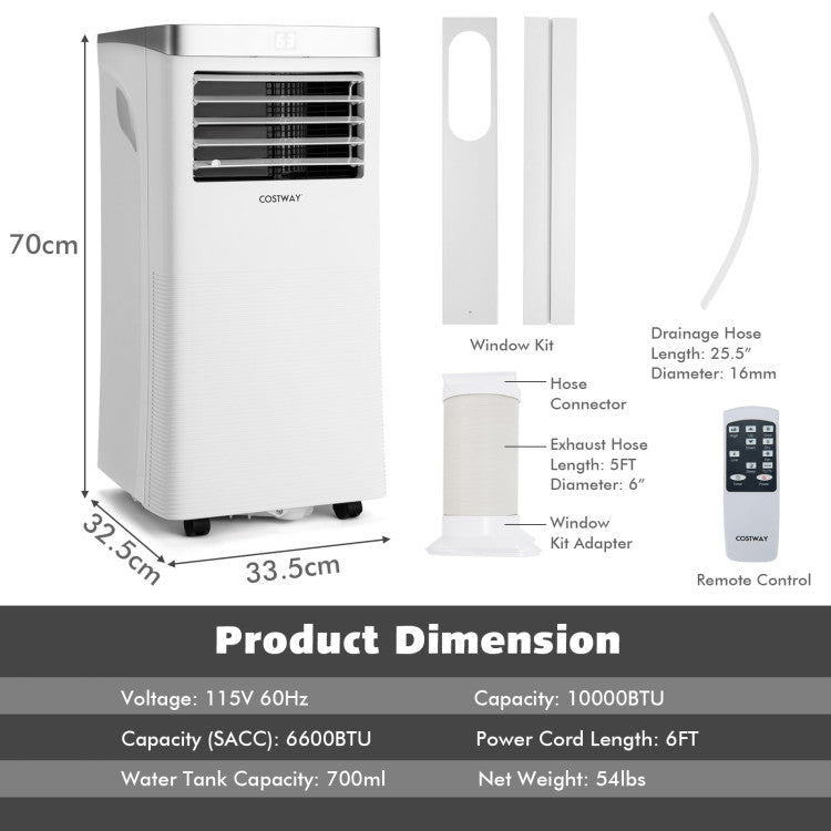 10000 BTU(Ashrae) 3-in-1 Portable Air Conditioner with Dehumidification and Remote Control