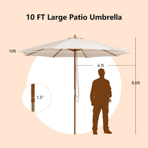 10 Feet Outdoor Patio Umbrella with 8 Wooden Ribs and 3 Adjustable Heights