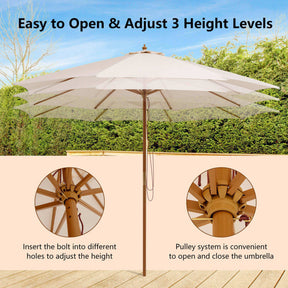 10 Feet Outdoor Patio Umbrella with 8 Wooden Ribs and 3 Adjustable Heights