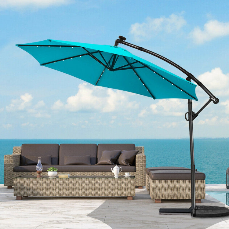 10 Feet Patio Offset Umbrella with 32 Solar Powered LED and Cross Base